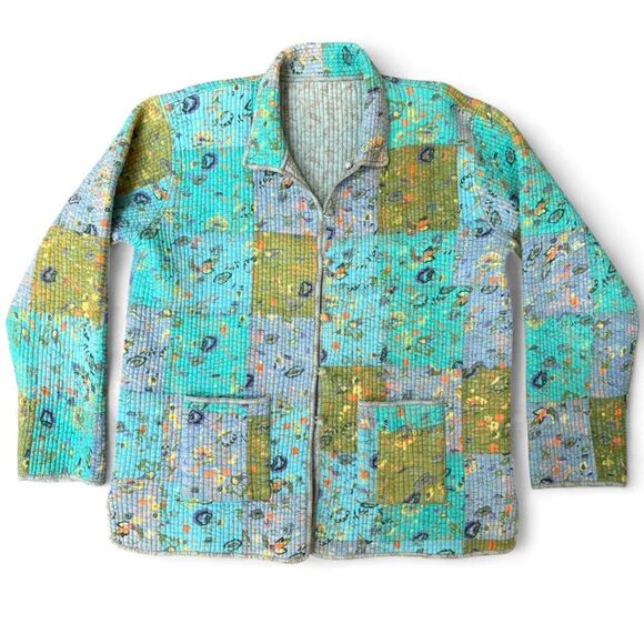 Reversible Floral Patchwork Coat-- Soft Blue & Green Quilted Cotton size L/XL - Picture 1 of 10